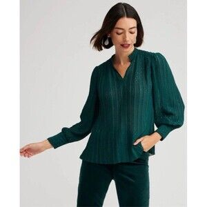 Chico’s Women’s 12 Emerald‎ Green Shimmery Dot Chiffon V-Neck Blouse Long Sleeve
